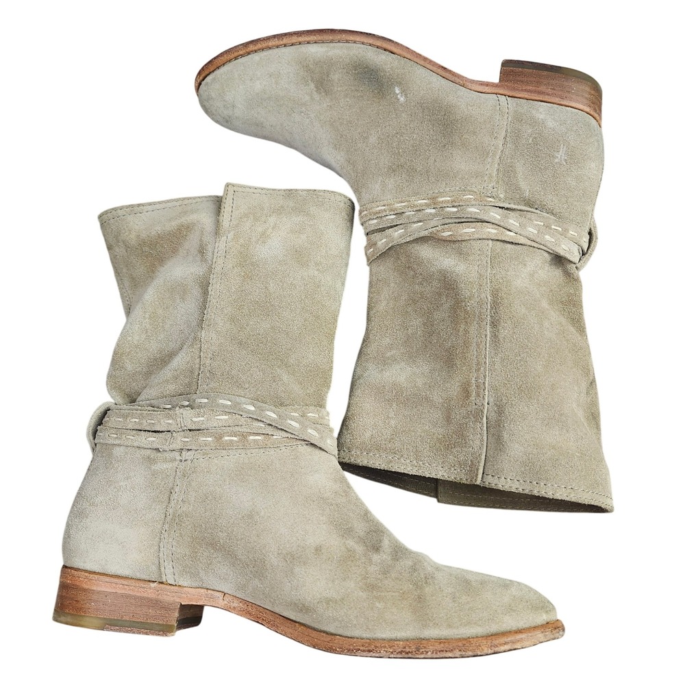 Frye Ash Pull On Suede Boots Taupe Whipstitch Slouchy ASH Womens 8.5B Festival